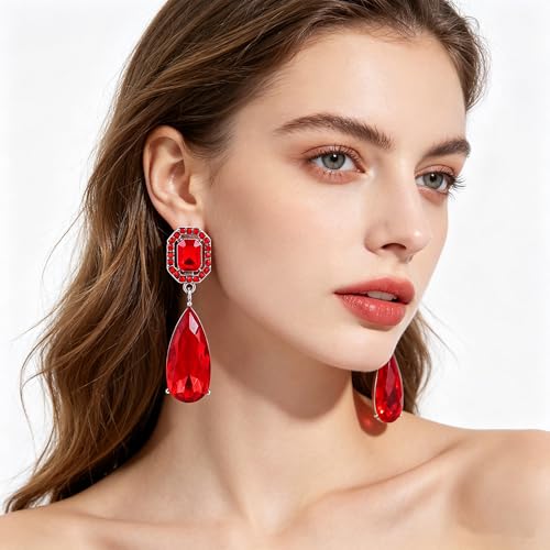 Gorgeous Long Austrian Crystal Teardrop Drop Dangle Clip On Earrings Non Pierced for Women - color: Red