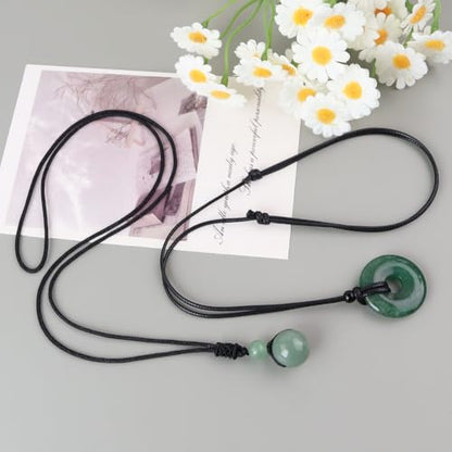 2pcs Natural Crystal Stone Lucky Coin Crystal Necklace Donut Pendnat, 16mm Stone Bead Pendant for Women and Men Necklace - color: Green Aventurine