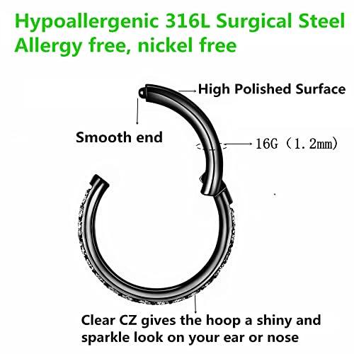 Clear CZ Nose Rings & Earrings - 316L Surgical Steel - Cartilage, Conch, Daith, Helix, Rook, Tragus, Lobe & Snug Body Piercing Jewelry - 20G, 18G - color: Black, size: 1pc 16 Gauge 12mm