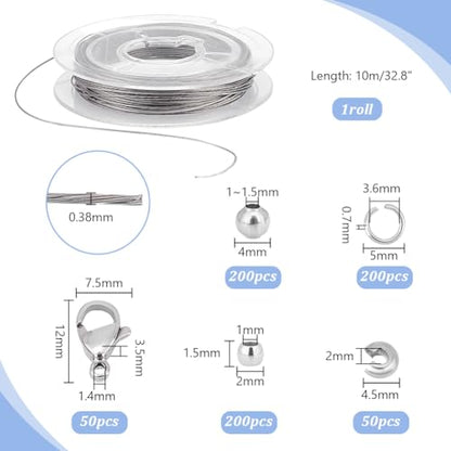 PH PandaHall 700pcs DIY Jewelry Making Supplies Kit Bracelet Findings Kit with Stainless Steel Wire 10m, Stainless Steel Wire Hand Beaded Set for Jewelry Repair Keychains and Necklace Making