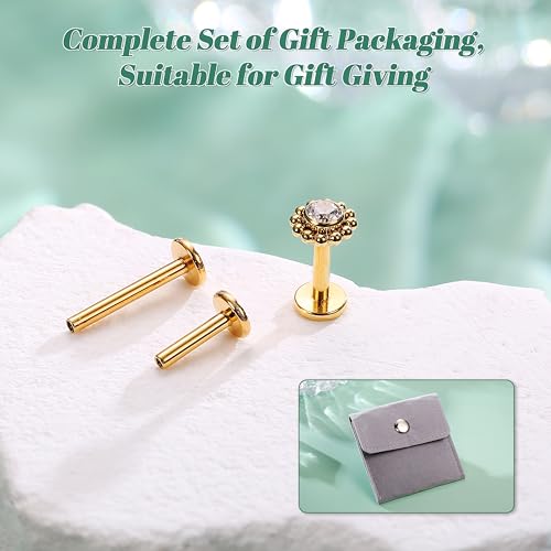 LOLIAS 16G G23 Titanium Tragus Conch Helix Piercing Jewelry 6mm 8mm 10mm - Internally Threaded Flat Back Stud Cartilage Earrings Hypoallergenic Forward Earlobe Labret Tragus Piercing Jewelry - color: Flower-14K Gold