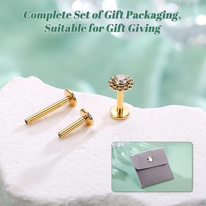 LOLIAS 16G G23 Titanium Tragus Conch Helix Piercing Jewelry 6mm 8mm 10mm - Internally Threaded Flat Back Stud Cartilage Earrings Hypoallergenic Forward Earlobe Labret Tragus Piercing Jewelry - color: Flower-14K Gold