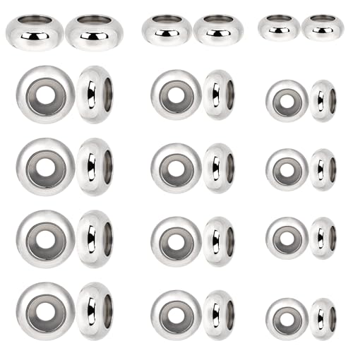 30pcs Stopper Beads for Charm Bracelets, 304 Stainless Steel Spacer Beads Adjustable Beads Slider Metal Loose Beads 6/8/10mm with Insert Rubber Locating Rings for DIY Bracelets Necklace Jewelry Making - color: silver