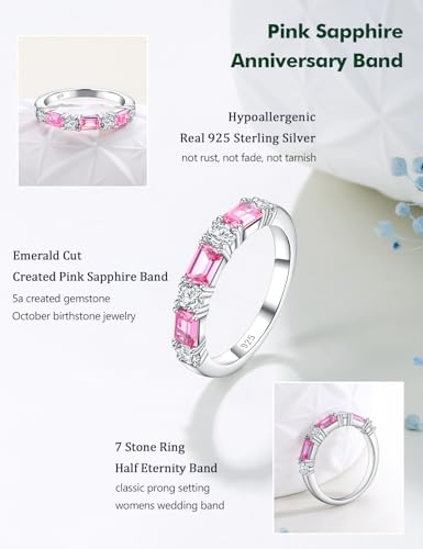 3.5mm Half Eternity Band Sterling Silver Rings for Women Sapphire/Ruby/Emerald and Cz Wedding Bands 7 Stone Stackable Birthstone Ring Anniversary Jewelry Size 6-10 - color: 10-Pink Sapphire-Oct.