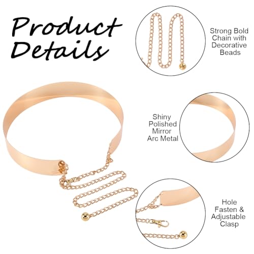 Gold Metal Belt Adjustable Gold Shiny Waist Belts Polished Mirror Chain Waistband Strap for Woman Dresses Wedding - size: 2.3"/6cm