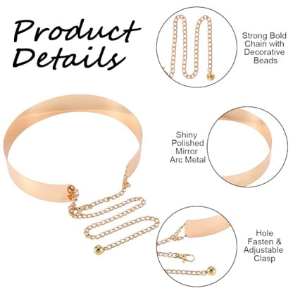 Gold Metal Belt Adjustable Gold Shiny Waist Belts Polished Mirror Chain Waistband Strap for Woman Dresses Wedding - size: 1.6"/4cm
