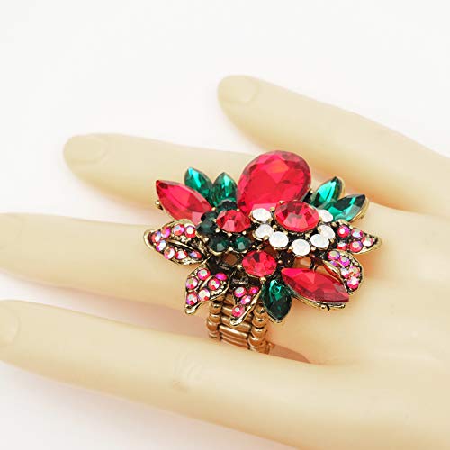 CSY Luxury Froral Cocktail Statement Rings Stretch Adjustable Ring | Gorgeous Women's Austrian Crystal Leaves Flower Big Cocktail Statement Rings Stretch Adjustable Ring Jewelry Accessories - color: Red