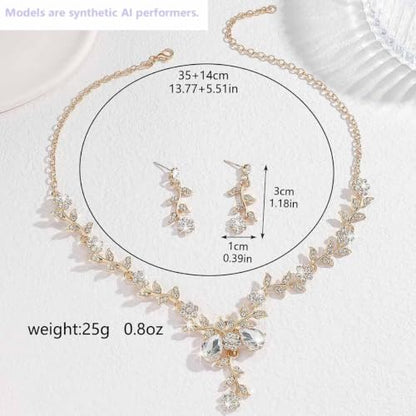 Kamirola Women's Wedding Jewelry Leaf Cluster Flower Crystal Dangle Earrings Pendant Necklace Set for BridalCrystal Bridal Jewelry Set - color: Gold White