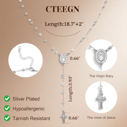 14K Gold/Silver Plated Miraculous Medal Rosary Cross Necklace Women | Miraculous Medal Y-Chain Rosary Necklace, Premium Gift Box, Catholic Milestone Gifts, Daily Faith Wear - style: Silver Style4