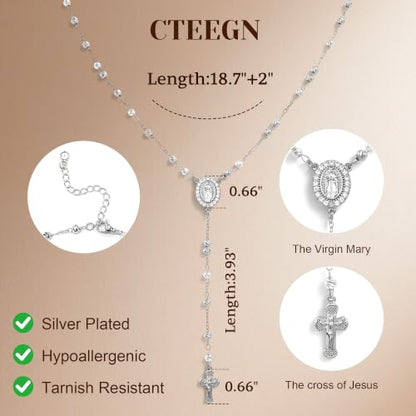14K Gold/Silver Plated Miraculous Medal Rosary Cross Necklace Women | Miraculous Medal Y-Chain Rosary Necklace, Premium Gift Box, Catholic Milestone Gifts, Daily Faith Wear - style: Silver Style4