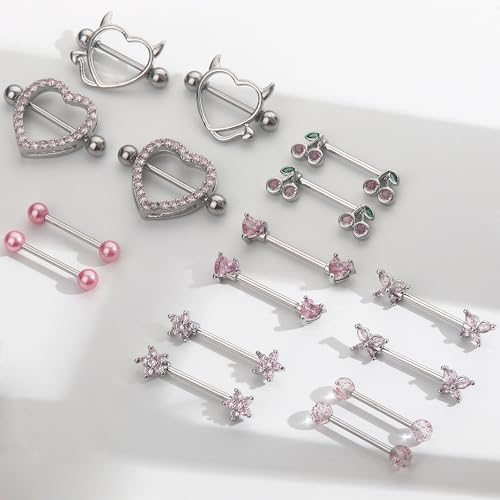 8 Pairs Gold Plated Nipple Rings for Women 14G Surgical Stainless Steel Nipple Piercing Jewelry Heart Cherry Butterfly Flower Nipple Barbells - color: Silver Tone Pink CZ