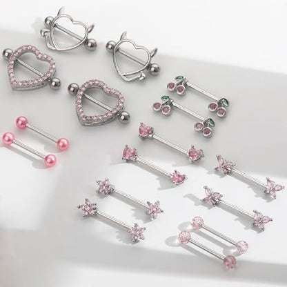 8 Pairs Gold Plated Nipple Rings for Women 14G Surgical Stainless Steel Nipple Piercing Jewelry Heart Cherry Butterfly Flower Nipple Barbells - color: Silver Tone Pink CZ