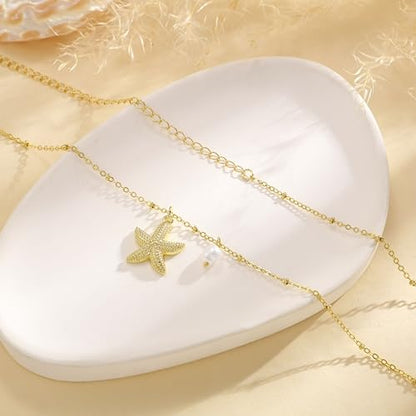 14K Gold Plated Layered Body Waist Chain for Women | Layered Waist Chain with CZ Heart and Pearl Pendant, Belly Chain Belt Jewelry for Women, Bikini Summer Beach Wear - style: Starfish Waist Chain