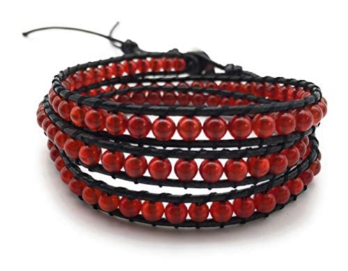 Handmade Alloy Leather Natural Stone Bead Statement Bracelet Bangle Cuff Rope 3 Wrap Adjustable Jewelry Collection - color: Red Carnelian