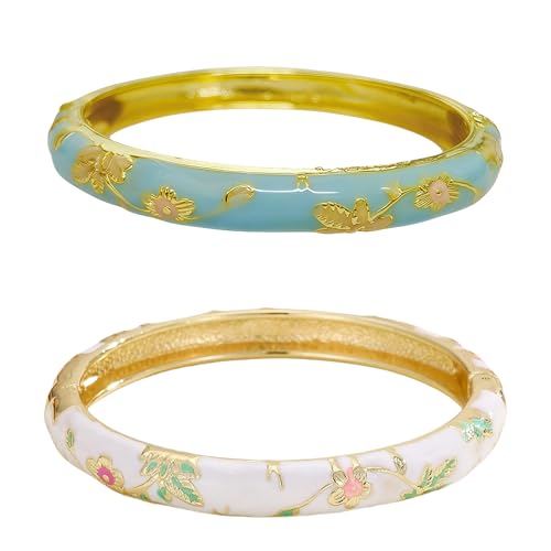 Cloisonne Bracelet For Women, Chunky Bangle Trendy Cute Flower Enamel Bangles Multi Tone Engraved Cuff Gold Plated Bracelets Stackable Wife Jewelry Friendship Gift - color: Blue&White Set