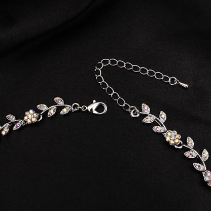 Austrian Crystal Rhinestone Choker Necklace Elegant Flower Leaf Chain Necklace Jewelry for Party Prom Costume Accessories for Women - color: AB Crystal-Platinum Plated