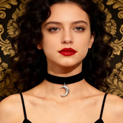 Black Choker for Women, Adjustable Layered Velvet Leather Lace Collar necklace, Goth necklace Gifts - color: Moon Silver