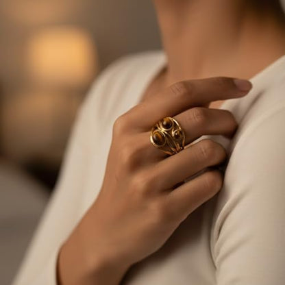 Western Captivating Tiger's Eye Stone Ring,Solitaire 8 * 10mm Oval Cut Gemstone 18K Gold Plated Stack 13mm Wide Ribbed Texture Band Statement Ring for Women - style: Tiger's Eye E