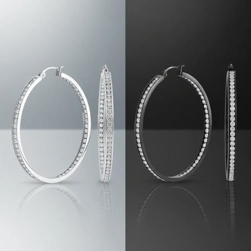 Stainless Steel Inside Out 40mm Hoop Earrings for Women – Sparkling CZ Crystal Hoops, Hypoallergenic, Lightweight, Modern Everyday Earrings – Silver, 18K Gold Plated, & Black Options - color: Silver + Black