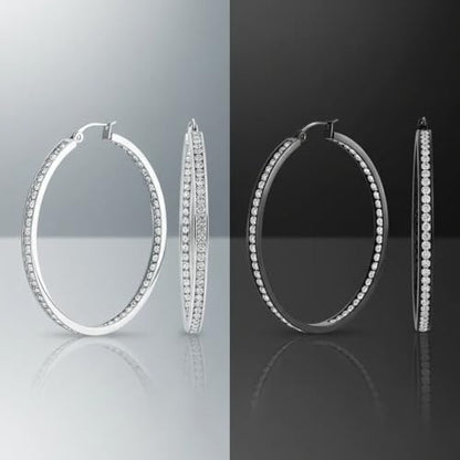Stainless Steel Inside Out 40mm Hoop Earrings for Women – Sparkling CZ Crystal Hoops, Hypoallergenic, Lightweight, Modern Everyday Earrings – Silver, 18K Gold Plated, & Black Options - color: Silver + Black