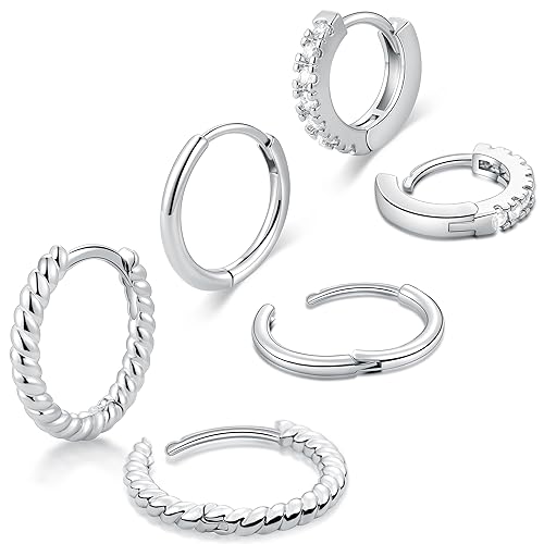 micuco 3 Pairs Small Gold Hoop Huggie Earrings Set for Women Men Tendy | 14K Gold Plated Small Huggie Hoop Earrings for Men, Tiny Cartilage Hypoallergenic Earring Set - style: D# CZ silver 8-10-12mm