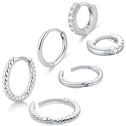 micuco 3 Pairs Small Gold Hoop Huggie Earrings Set for Women Men Tendy | 14K Gold Plated Small Huggie Hoop Earrings for Men, Tiny Cartilage Hypoallergenic Earring Set - style: D# CZ silver 8-10-12mm