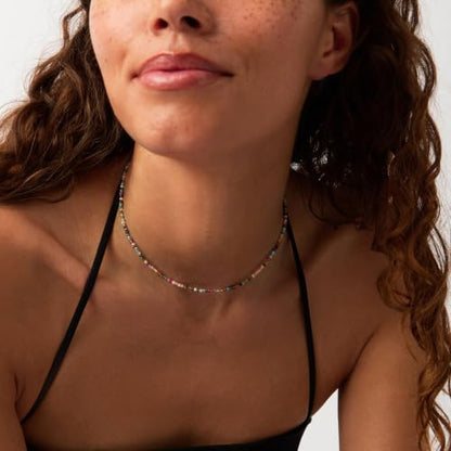 MTMY Beaded Gemstone Choker Necklace for Women | 14K Gold Plated, Colorful Natural Stone, Bead Chain, Boho Summer Beach, Handmade Jewelry - color: Mixed Gemstone