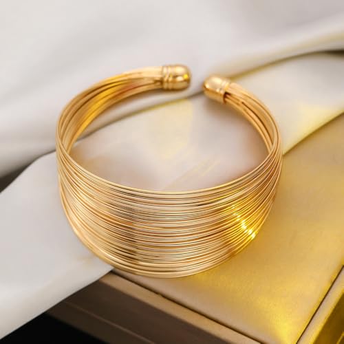 Layered Wire Open Cuff Bracelets for Women Chunky Gold Stacking Statement Bracelets Geometric Lines Minimalist Bangle Trendy Party Wrist Jewelry Gifts - color: Gold