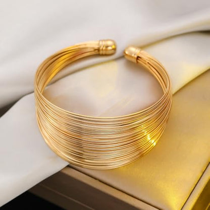 Layered Wire Open Cuff Bracelets for Women Chunky Gold Stacking Statement Bracelets Geometric Lines Minimalist Bangle Trendy Party Wrist Jewelry Gifts - color: Gold