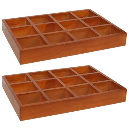 2 Pack Wooden Jewelry Drawer Organizer Trays - 12 Grid Low Profile Divider Inserts for Earrings, Rings, Bracelets & Bangles - 13.2" x 9.3" Wood Display Storage Box Fits Vanity Dresser Drawers