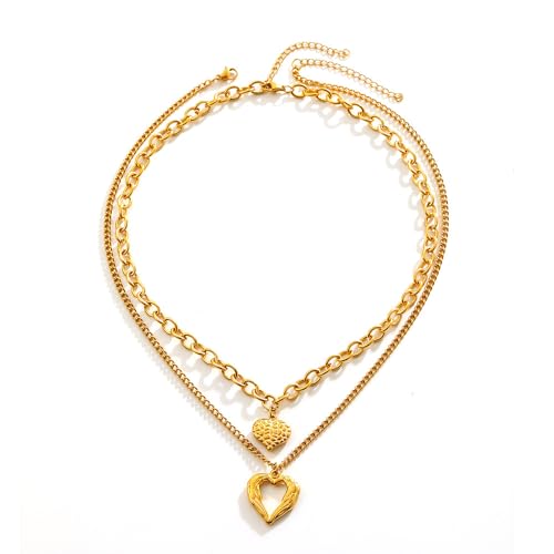 Angel Wings Loving Heart 14K Gold Plated Necklace Personality Hollow Heart Pendant Double-Deck Two Lobster Clasp Adjustable Extender - style: 14 Gold Angel Wings+Loving Heart