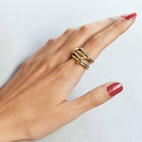 14K Gold Plated Interlocked Stackable Rings for Women, Statement Multi Ring Mixed Metals Stack, Two-Toned interlocking rings Stacking Jewelry - color: silver gold-4pcs set, size: 9