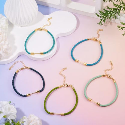 5Pcs Round Braided Imitation Leather Cord Bracelet Making, Blue Cyan Adjustable Braided Rope Bracelet Faux Leather Wristbands Cords with Beadable Bar for DIY Craft Jewelry Making
