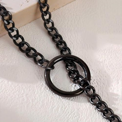 Slip Chain Choker for Women Handmade Black Stainless Steel Cuban Chain Chunky Moon Bat Raven Skull Pendant Gothic Punk Rock Collar Adjustable Lariat Y Necklace for Men - style: Black O-ring