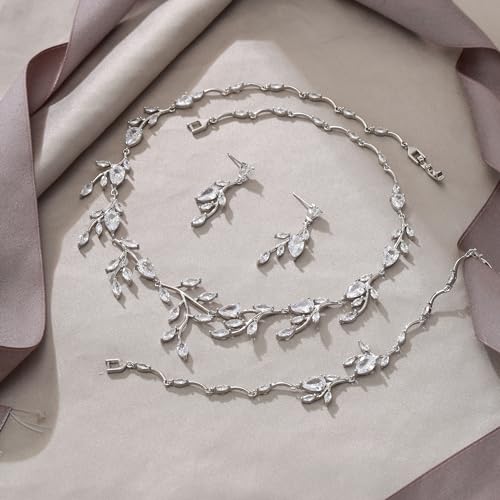 Cubic Zirconia Leaf Vine Wedding Jewelry Set for Bride Women Bridesmaid | Pear-Shaped Birthstone, Necklace Dangle Earrings for Bridesmaid, Silver-Plated-Brass - color: 3pcs_Clear Silver-Plated-Brass
