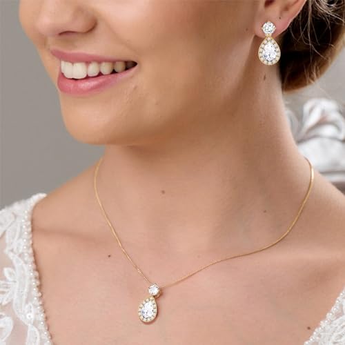 Plated Gold Silver Elegant Teardrop Zircon Earrings Necklace Bracelet Set for Bridesmaids, Sparkling Cubic Zirconia Jewelry, Wedding Gift, 4/5/6-Piece - color: 4 Sets Gold