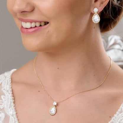 Plated Gold Silver Elegant Teardrop Zircon Earrings Necklace Bracelet Set for Bridesmaids, Sparkling Cubic Zirconia Jewelry, Wedding Gift, 4/5/6-Piece - color: 6 Sets Gold