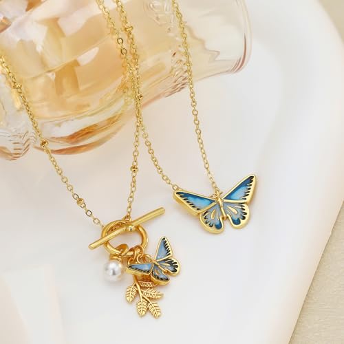 Gold Compass Charm Necklace for Women, Trendy Simple Dainty Inspirational Compass Butterfly Bow Knot Red Christmas Mug Sun Friendship Necklaces Graduation Gifts - style: Blue Butterfly