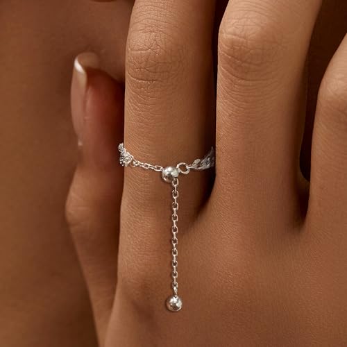 925 Sterling Silver Adjustable Link Chain Rings for Women Daughter | Dainty 14k Gold Plated Evil Eye/Cross/Flower Ring Sparkly Twist Rope with Bead Dangle Stackable Ring Jewelry Birthday Gifts - color: Style 3-Silver