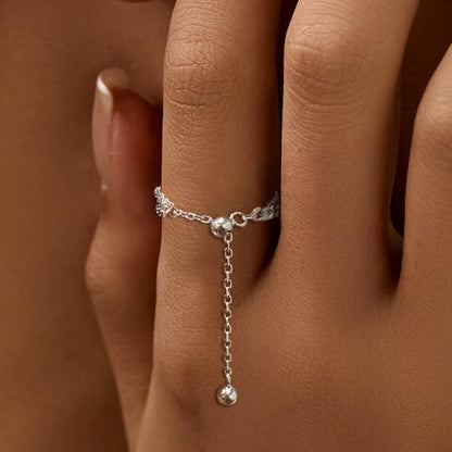 925 Sterling Silver Adjustable Link Chain Rings for Women Daughter | Dainty 14k Gold Plated Evil Eye/Cross/Flower Ring Sparkly Twist Rope with Bead Dangle Stackable Ring Jewelry Birthday Gifts - color: Style 3-Silver