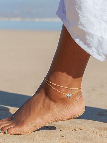 FindChic Bling Heart Birthstone Anklets Layered Beaded Ankle Bracelets for Women Gold/Black/Silver 12 Month Gem Colors Foot Chain Summer Jewelry for Girls, with Gift Box - color: Gold, style: 03. Mar.-Created Aquamarine(Prong Setting)