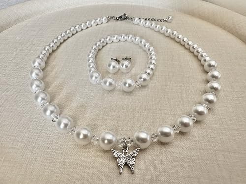 LEILE Faux Pearl Necklace Set for Women, Bracelet Earrings | Butterfly Pendant Design/Crystal/Rhinestone Daily Elegant Outfit, Gift - style: White, 14.5 in