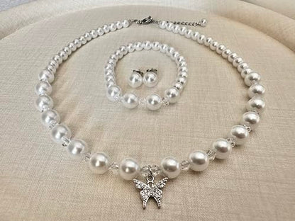 LEILE Faux Pearl Necklace Set for Women, Bracelet Earrings | Butterfly Pendant Design/Crystal/Rhinestone Daily Elegant Outfit, Gift - style: White, 14.5 in