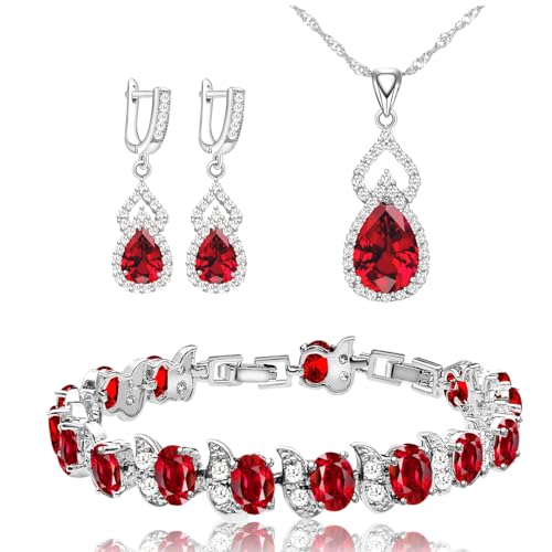 LMXXVJ Women Jewelry Set Platinum Plated Necklace Open Ring Earrings Bracelet Set,Birthday/Anniversary Mother’s Day Jewelry Gifts for Mom/Wife/Sister/Best Friend - color: White Gold-Garnet Red-No Ring