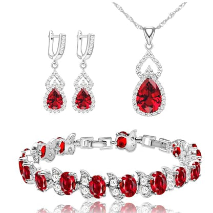 LMXXVJ Women Jewelry Set Platinum Plated Necklace Open Ring Earrings Bracelet Set,Birthday/Anniversary Mother’s Day Jewelry Gifts for Mom/Wife/Sister/Best Friend - color: White Gold-Garnet Red-No Ring