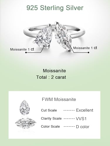 FWM 2 Carat Moissanite Toi Et Moi Open Ring for Women, Adjustable Engagement Wedding Ring, Solid Sterling Silver With Gold Plated, Anniversary Birthday Christmas Valentines Jewelry Gift - color: White Gold, size: 7
