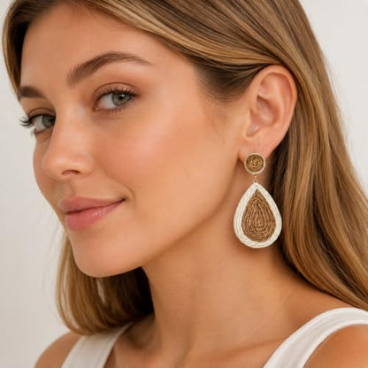 Handmade Rattan Teardrop Dangle Earrings for Women, Lightweight Boho Woven Statement Earrings with Gold Fish Hook, Natural Straw Weave Vacation Jewelry for Summer Beach - style: Ivory Brown Teardrop