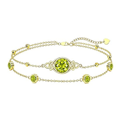 Midari 18K Gold Irish Infinity Celtic Knot Birthstone Layed Anklet Bracelet with 12 Months Birthstone Birthday Jewelry Gifts for Women Mom - color: 08-Peridot, size: Bracelet 7"-9"