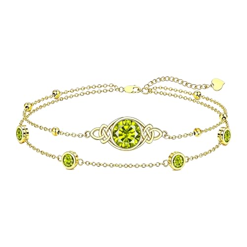 Midari 18K Gold Irish Infinity Celtic Knot Birthstone Layed Anklet Bracelet with 12 Months Birthstone Birthday Jewelry Gifts for Women Mom - color: 08-Peridot, size: Bracelet 7"-9"