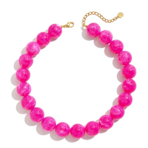 Chunky Beaded Necklace for Women Trendy Boho Collar Statement Necklace Large Round Resin Beads Choker Necklaces Summer Beach Jewelry Gifts - color: Rose Red